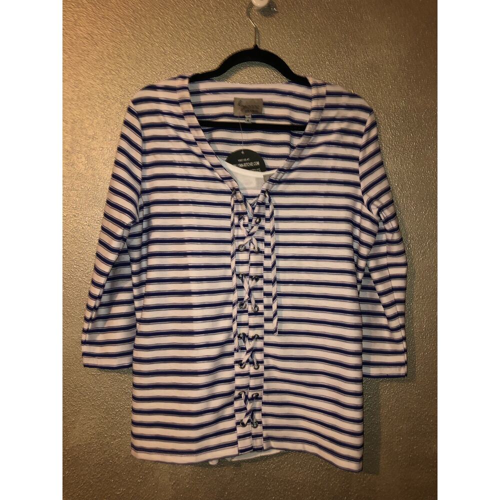 Lynn Ritchie Nautical VSCO Rugby Office 3/4 Sleeve Tie Front Top & Tank